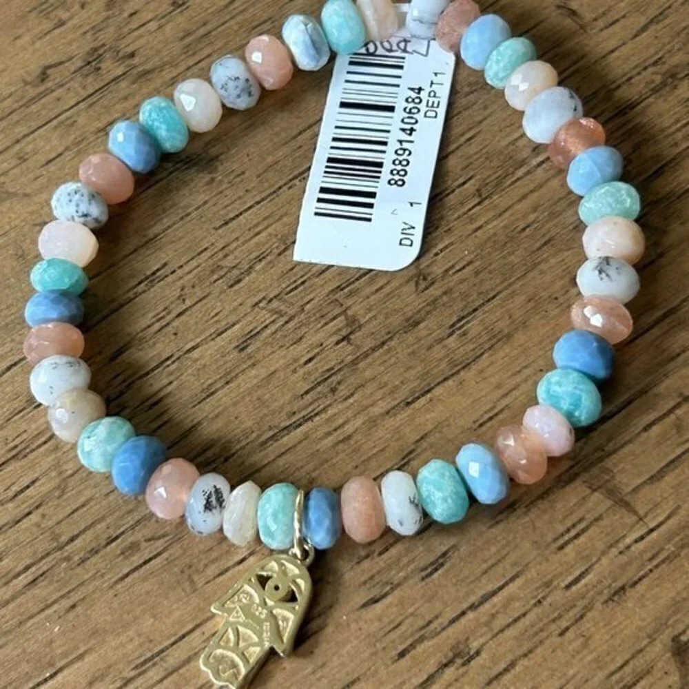 RARITIES Carol Brodie Multi Gemstone Bead Bracelet with HAMSA CHARM S-M